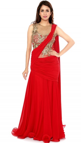 Red Saree Gown with Frills