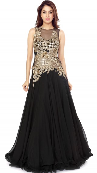 Black Flared Gown with Embellishments