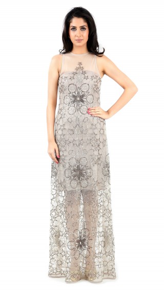 Embroidered gown with brocade tube dress