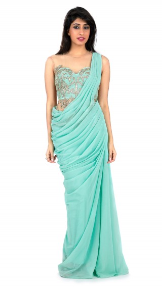 Tourquoise Lycra Net Saree Gown