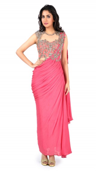 Pink Saree Gown with Embroidered Pallu