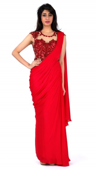 Red Saree Gown with Highlights