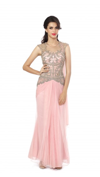 Pink Lengha Saree with Pearl Work