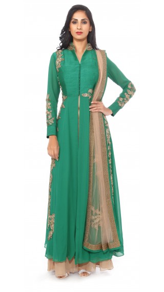 Green Embroidered Jacket with Palazzo Pants