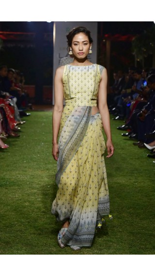 Yellow Modal Silk Printed Sari With Chanderi Blouse