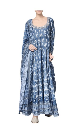 Blue Kairavi Modal Printed Kurta With Chanderi Silk Churidar & Modal Silk Mullmull Dupatta
