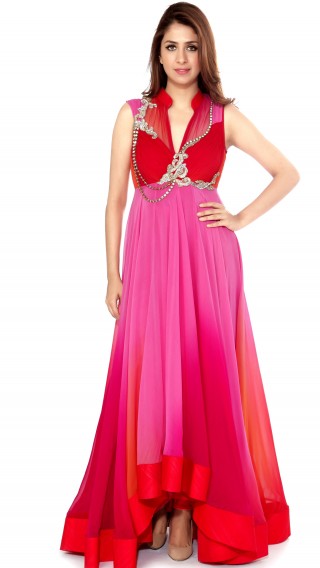 Red and Pink Shaded High Low Anarkali