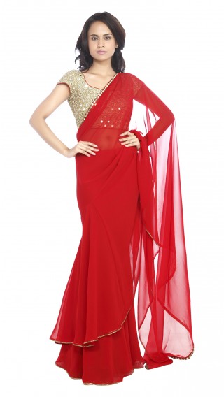 Red Saree with Mirrored Blouse