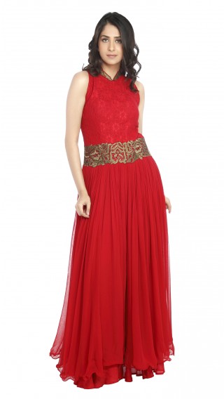 Red Jumpsuit with Embroidered Belt