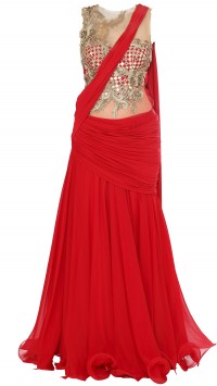Red Saree Gown with Frills