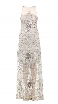 Embroidered gown with brocade tube dress