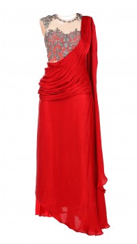 Red Gunmetal Saree Gown