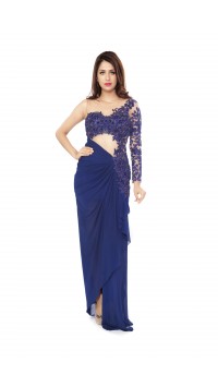Blue One-Sleeve Draped Gown