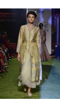 Yellow Chanderi Silk & Tulle Long Jacket With Skirt