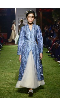 Blue Chanderi Silk Long Jacket With Tulle Skirt