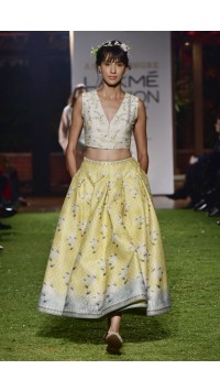 Yellow Chanderi Silk Crop Top And Skirt