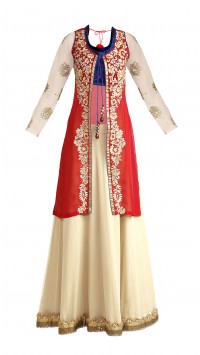 Nude and Red Lengha Set
