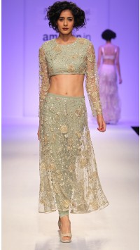 Pale Green Crop Top with Embroidered Churidar Skirt