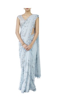 Powder Blue Embroidered Sari & Choli