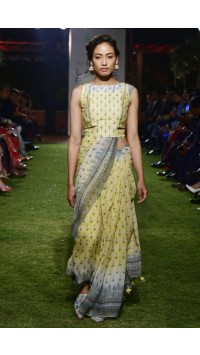 Yellow Modal Silk Printed Sari With Chanderi Blouse