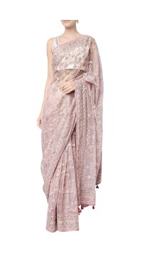 Onion Pink Net Embroidered Navanya Sari With Chanderi Silk Blouse