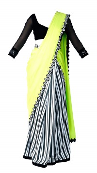 Neon Green, Black and White skirt Sari