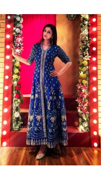 Blue Raw Silk Embroidered Long Jacket