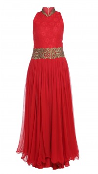 Red Jumpsuit with Embroidered Belt