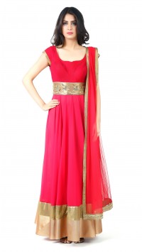 Cherry Red Anarkali with Embroidered Waist