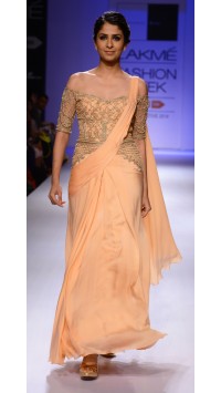 Coral Embroidered Sari-Gown