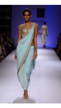 Blue Embroidered Pant Sari-Gown