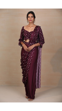 Purple Printed Draped Saree with Pants